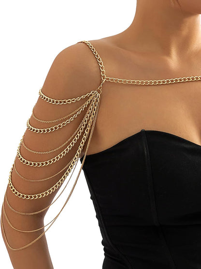 Summer Beach Punk Shoulder Body Chain Multi-Layered Back Chain Bikini Metal Tassel Arm Chain Statement Bridal Wedding Backdrop Necklace Body Chain Jewelry for Women