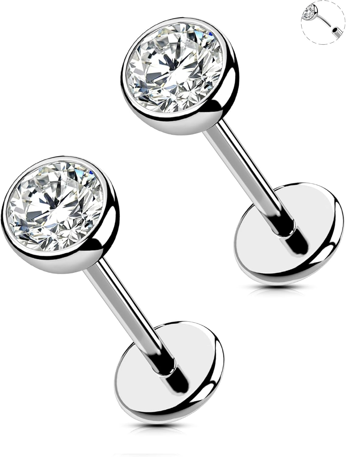 OUFER 2Pcs 20G/18G/16G G23 Titanium Threadless Nose Stud Earrings Flat Back Tiny CZ Small Nose Helix Cartilage Tragus Conch Labret Medusa Monroe Piercing Jewelry for Women Men