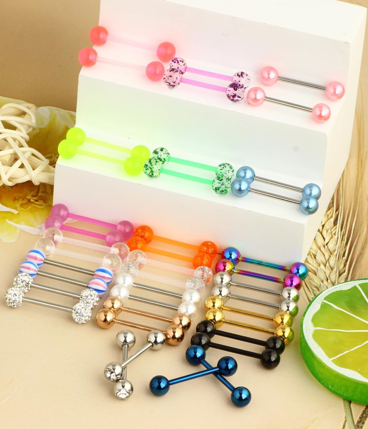 Suotarn 40Pcs 14G Tongue Rings for Women Stainless Steel Straight Tongue Barbell UV Acrylic Plastic Tongue Piercing Jewelry Nipple Piercings 5/8" Glow in Dark Flexible Retainer Body Jewelry for Men