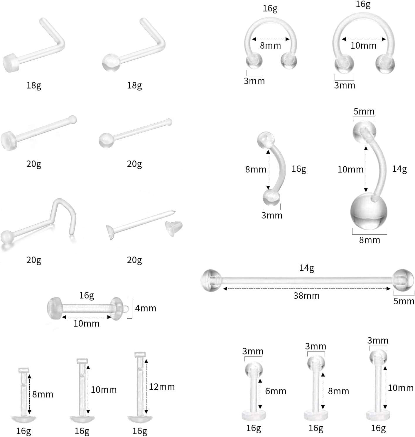 76-Pack Clear Piercing Retainer,Bioflex Body Jewelry for Eyebrow,Lip,Septum,Nose,Nipple,Navel,Tongue,Tragus|Discreet Industrial Piercing Retainer Kit for Surgery,Sports,Work|Unisex