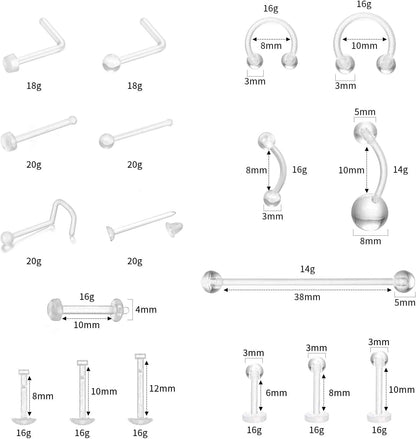 76-Pack Clear Piercing Retainer,Bioflex Body Jewelry for Eyebrow,Lip,Septum,Nose,Nipple,Navel,Tongue,Tragus|Discreet Industrial Piercing Retainer Kit for Surgery,Sports,Work|Unisex