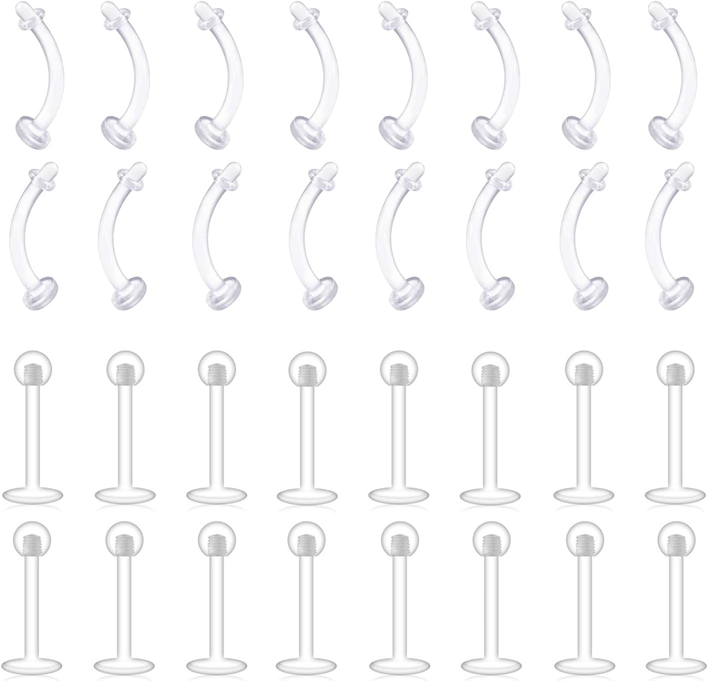 D.Bella Clear Cartilage Earring-16Pcs 16G Clear Acrylic Bioflex Tragus Retainer Lip Rings Nose Studs Labret Ear Helix Earring Clear 6Mm/8Mm/10Mm/12Mm