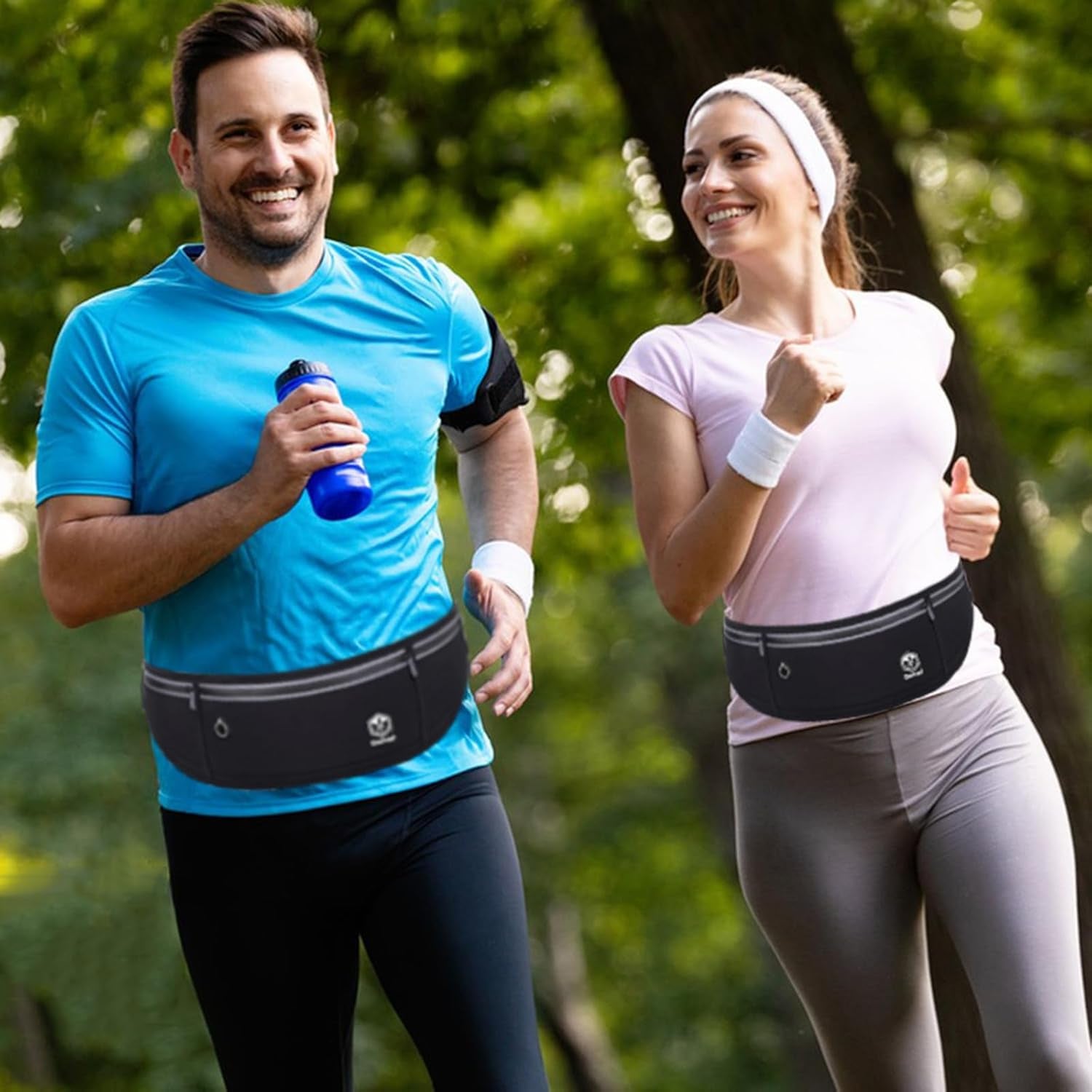 Slim running belt fanny pack displayed flat showing multiple compartments