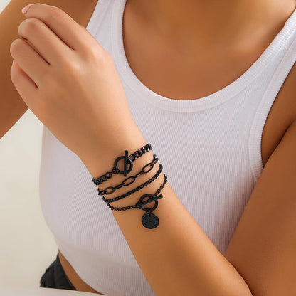 4Pcs Goth Black Stackable Bracelets Set for Women Gothic Statement Gold Coin OT Buckle Bracelet Vintage Paperclip Chain Y2K Party Hallowmas Jewelry Gifts