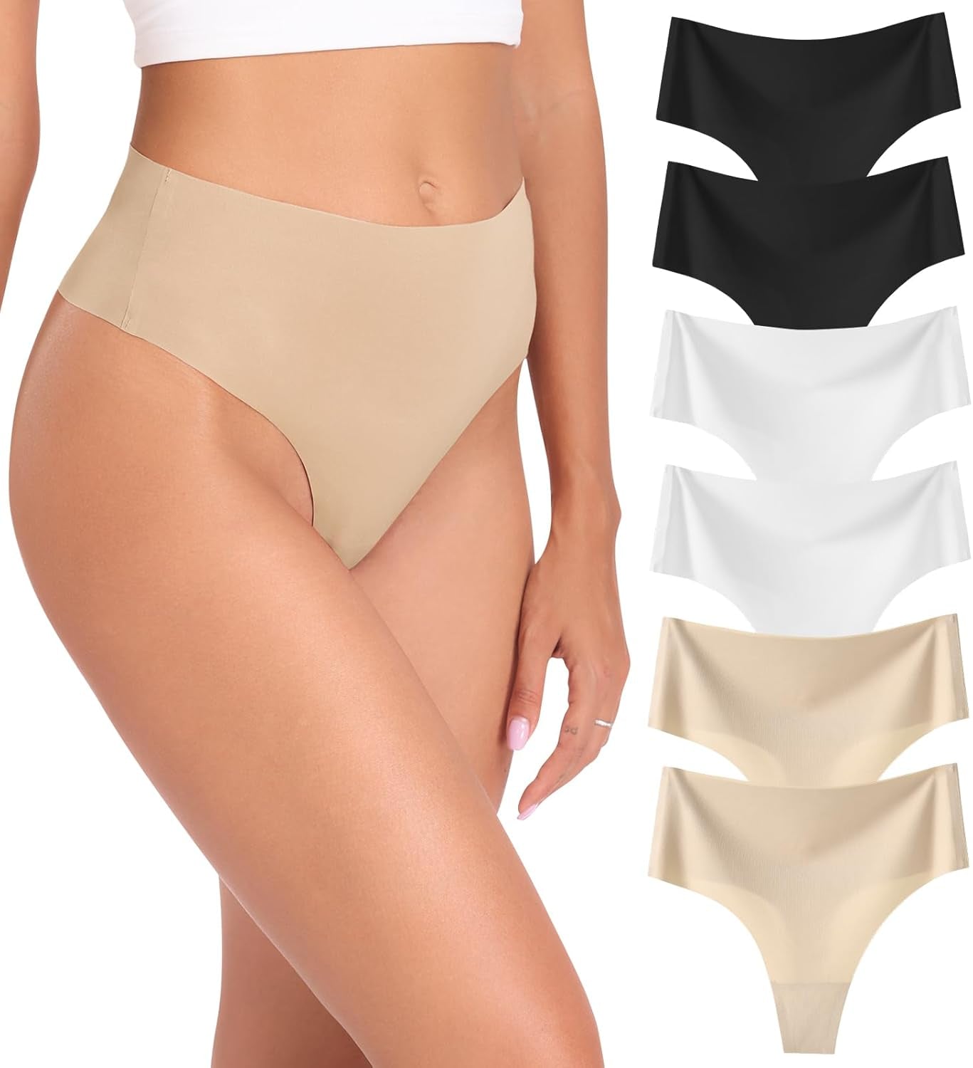 Wealurre Womens Underwear High Waisted Seamless Thongs for Women Breathable No Show Panties for Ladies 6 Pack