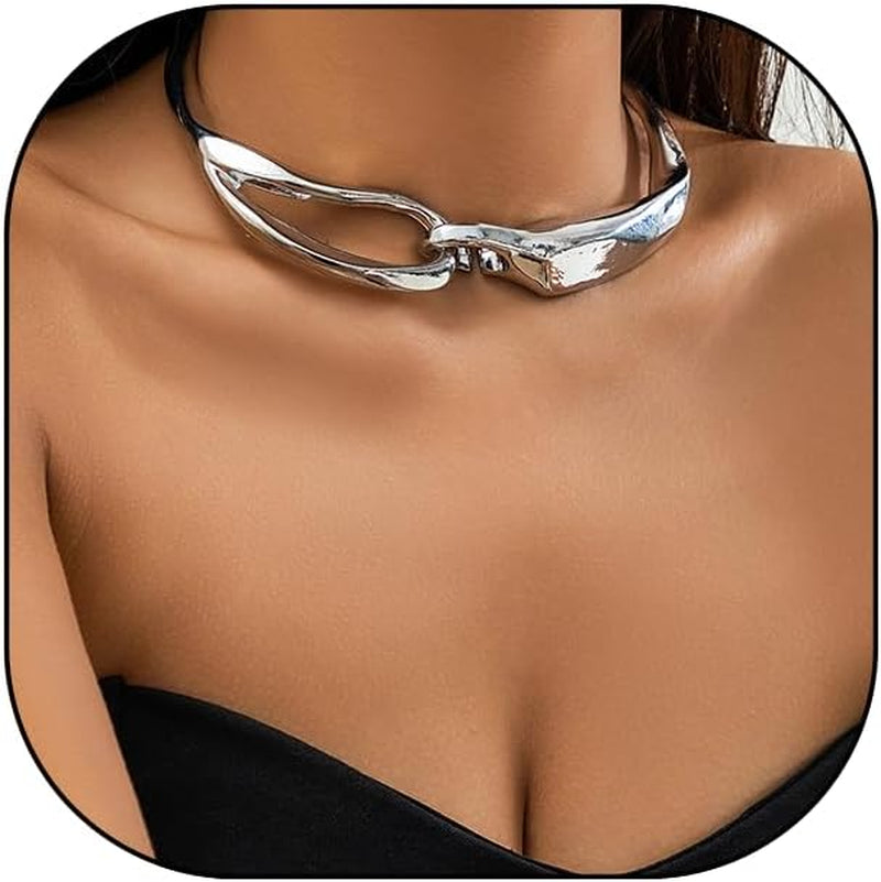 Hewill Chunky Gold Necklace Big Statement Chunky Necklace for Women African Tribe Wide Metal Choker Necklaces Jewelry