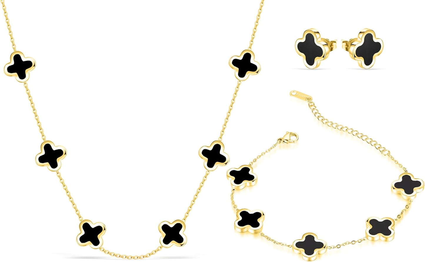 Four Leaf Clover Necklace Bracelet Earring Set for Women | 18K Gold Plated 4 Leaf Lucky Jewelry