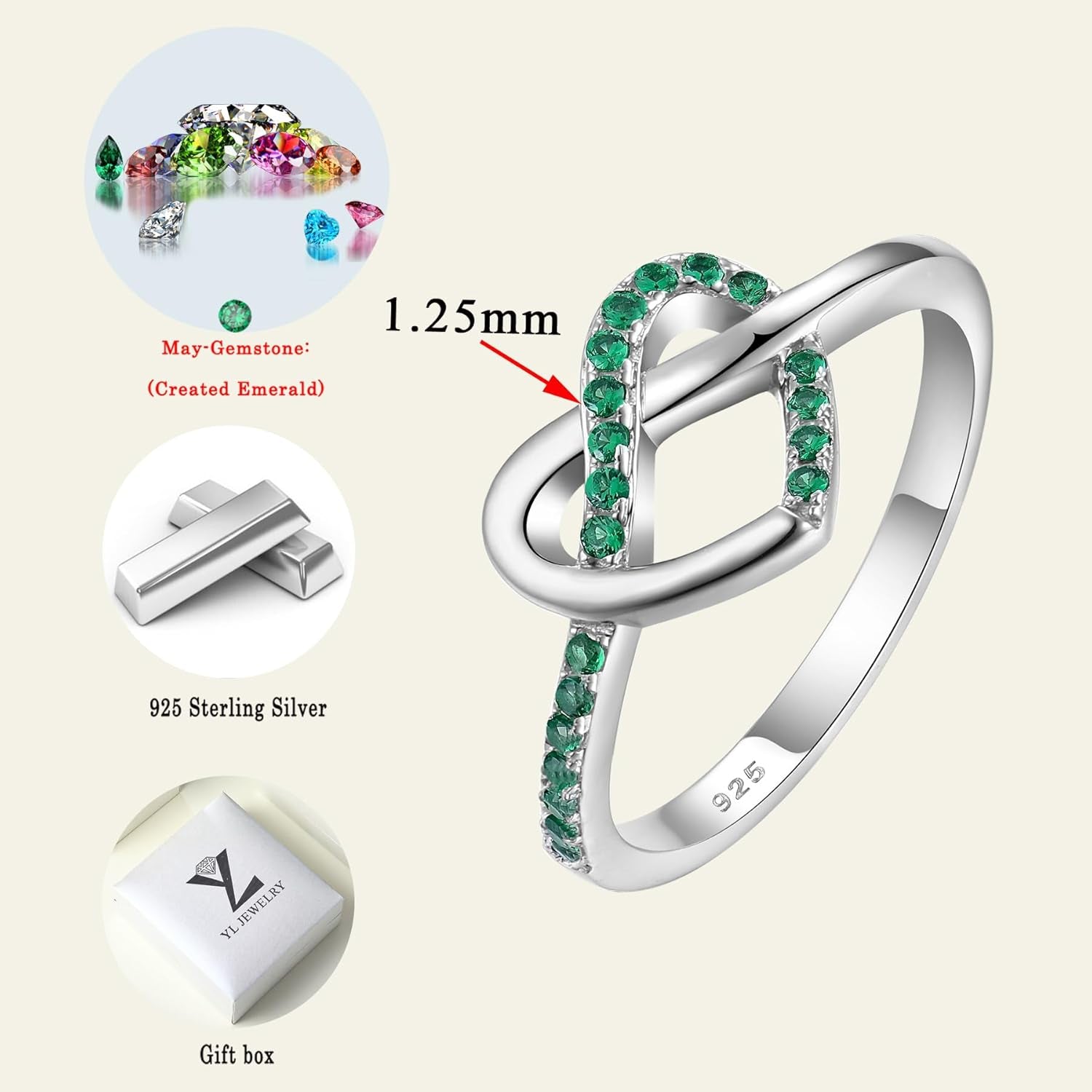 YL Love Knot Heart Promise Ring 925 Sterling Silver Infinity Rings Birthstone Anniversary Band for Women