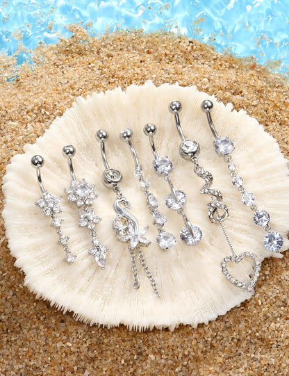 LOLIAS 7 Pcs 14G Dangle Belly Button Rings for Women 316L Surgical Steel Curved Navel Barbell Body Jewelry Piercing