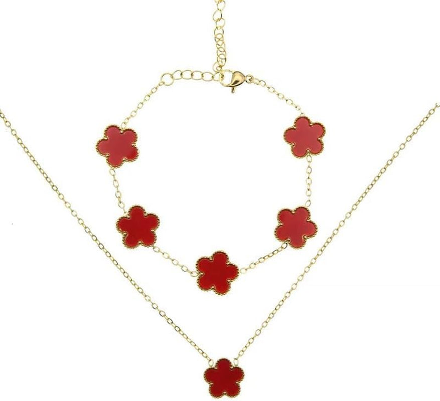 Clover Necklace and Bracelet Set for Women, 14K Gold Plated Green Clover Flower Pendant Chain, Adjustable Length, Elegant and Dainty, Perfect for Gifts, Parties, Dating, or Daily Wear.