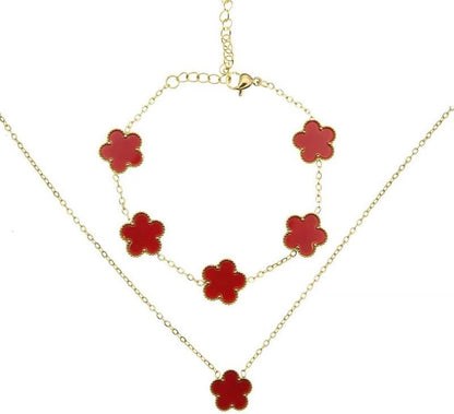 Clover Necklace and Bracelet Set for Women, 14K Gold Plated Green Clover Flower Pendant Chain, Adjustable Length, Elegant and Dainty, Perfect for Gifts, Parties, Dating, or Daily Wear.