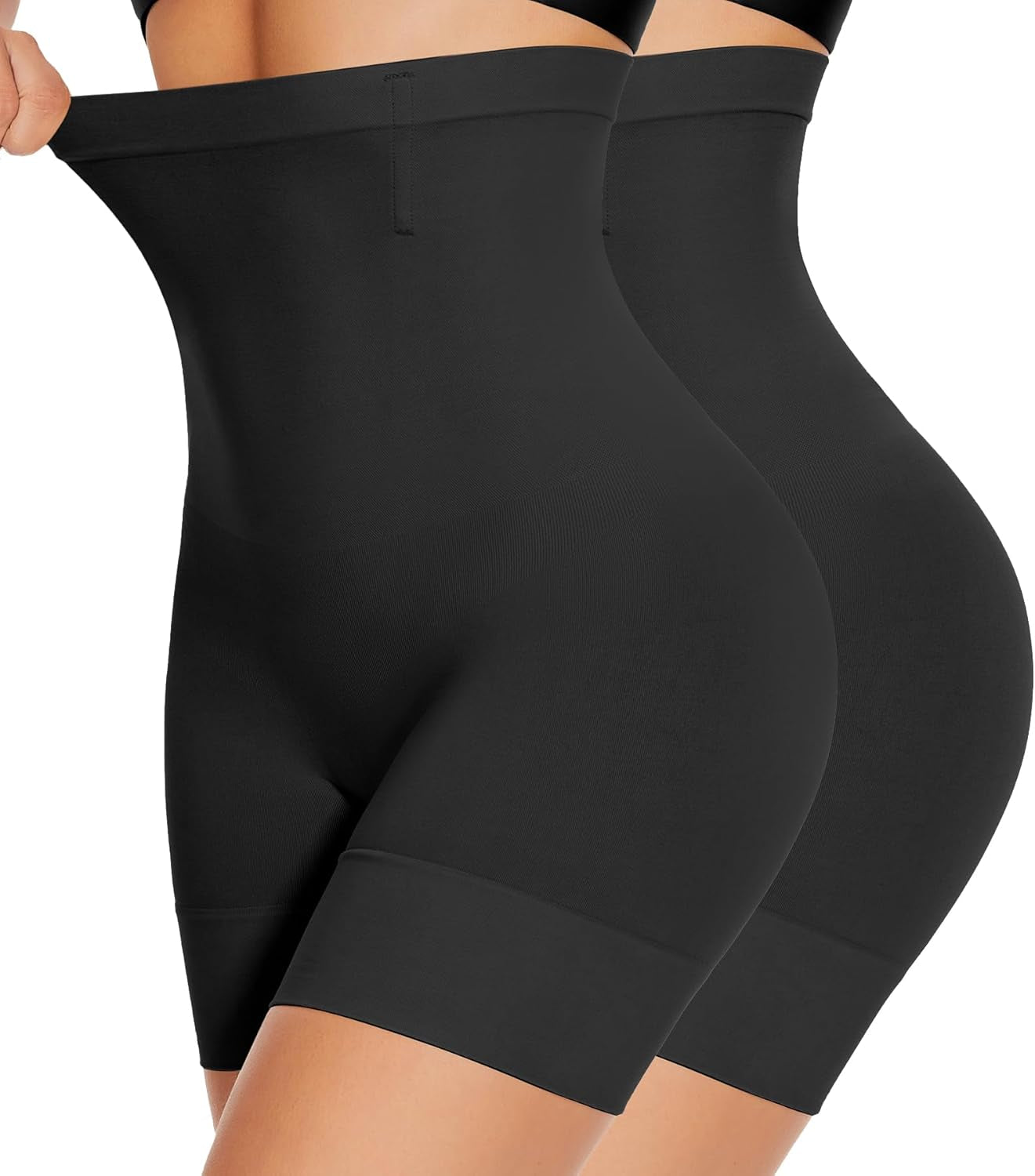 Woman wearing high waisted girdle shorts for smooth silhouette