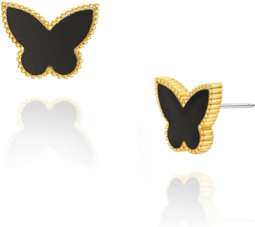 Unique Earrings for Women Trendy, 14K Gold Plated Four Leaf Clover Heart Butterfly Stud Dangle Earrings, Black Onyx White Huggie Earrings Birthday Christmas Valentine'S Day Jewelry Gifts