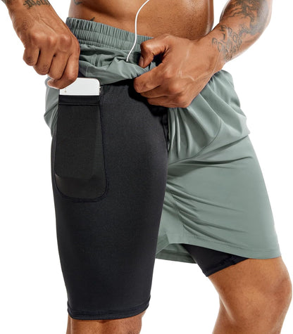 TENJOY Men'S 2 in 1 Running Shorts 5 in or 7 in Quick Dry Gym Athletic Workout Shorts for Men with Phone Pockets
