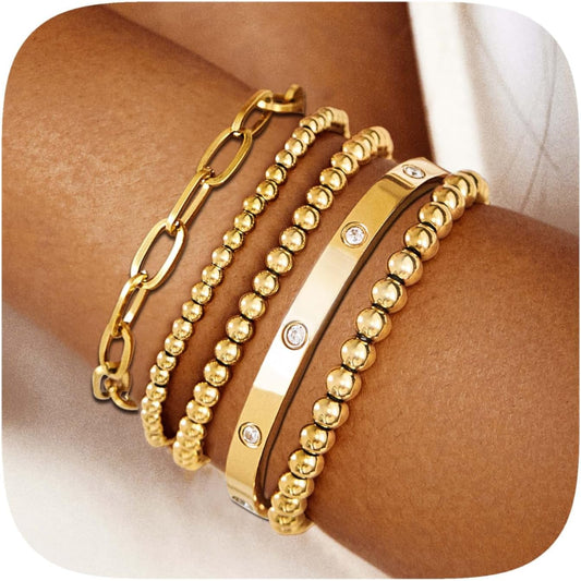 Gold Bangle Bracelets for Women, 14K Gold Plated Beaded Bracelets Stretch Bead Ball Chain Layered Bracelet Stack Set, Love Cubic Zirconia Bangle Women Jewelry