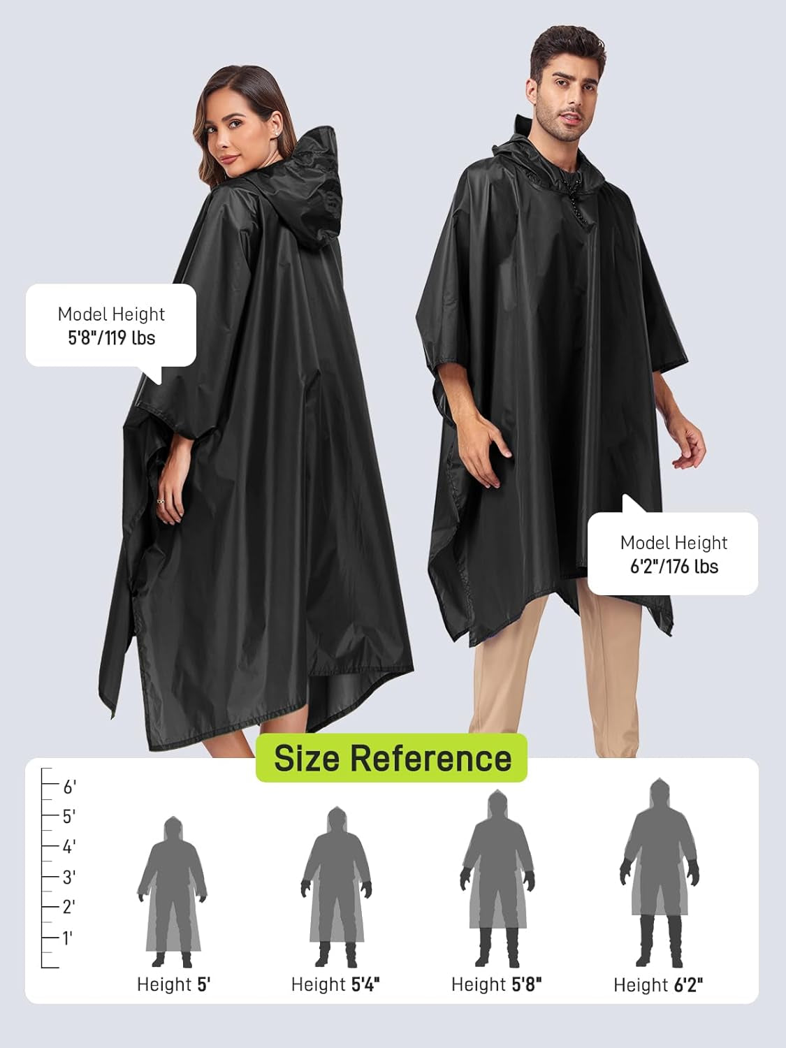 Adjustable fit of Saphirose rain poncho on different body types