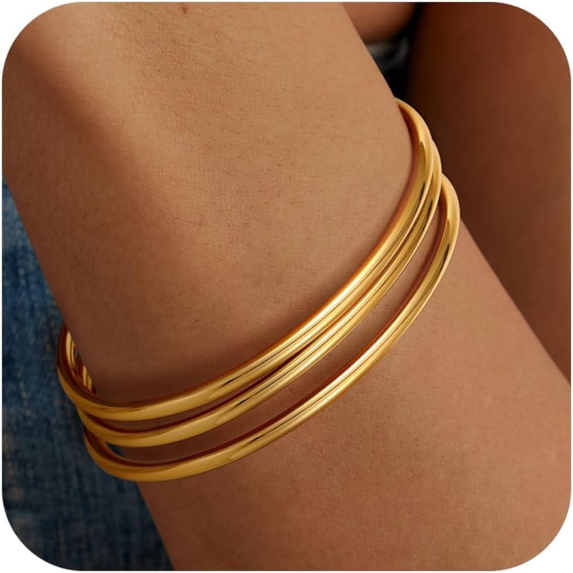 18K Gold Plated Bangles for Women Stainless Steel Glossy Stackable Thin round Bracelets Solid Plain Polished Bangles Bracelets Set of 3 Jewelry for Women