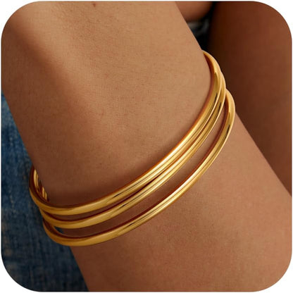 18K Gold Plated Bangles for Women Stainless Steel Glossy Stackable Thin round Bracelets Solid Plain Polished Bangles Bracelets Set of 3 Jewelry for Women