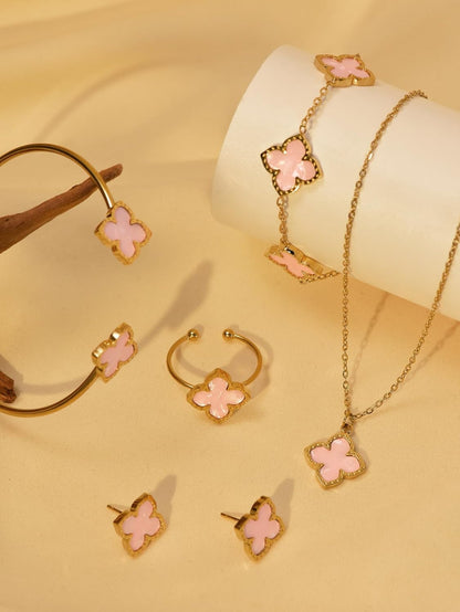 6Pcs/Set Lucky Clover Earring Necklace Bracelet Ring Set for Women Gold Plated Four-Leaf Pendent Link Chain Necklace Fashion Jewelry Set Valentine'S Day Gift