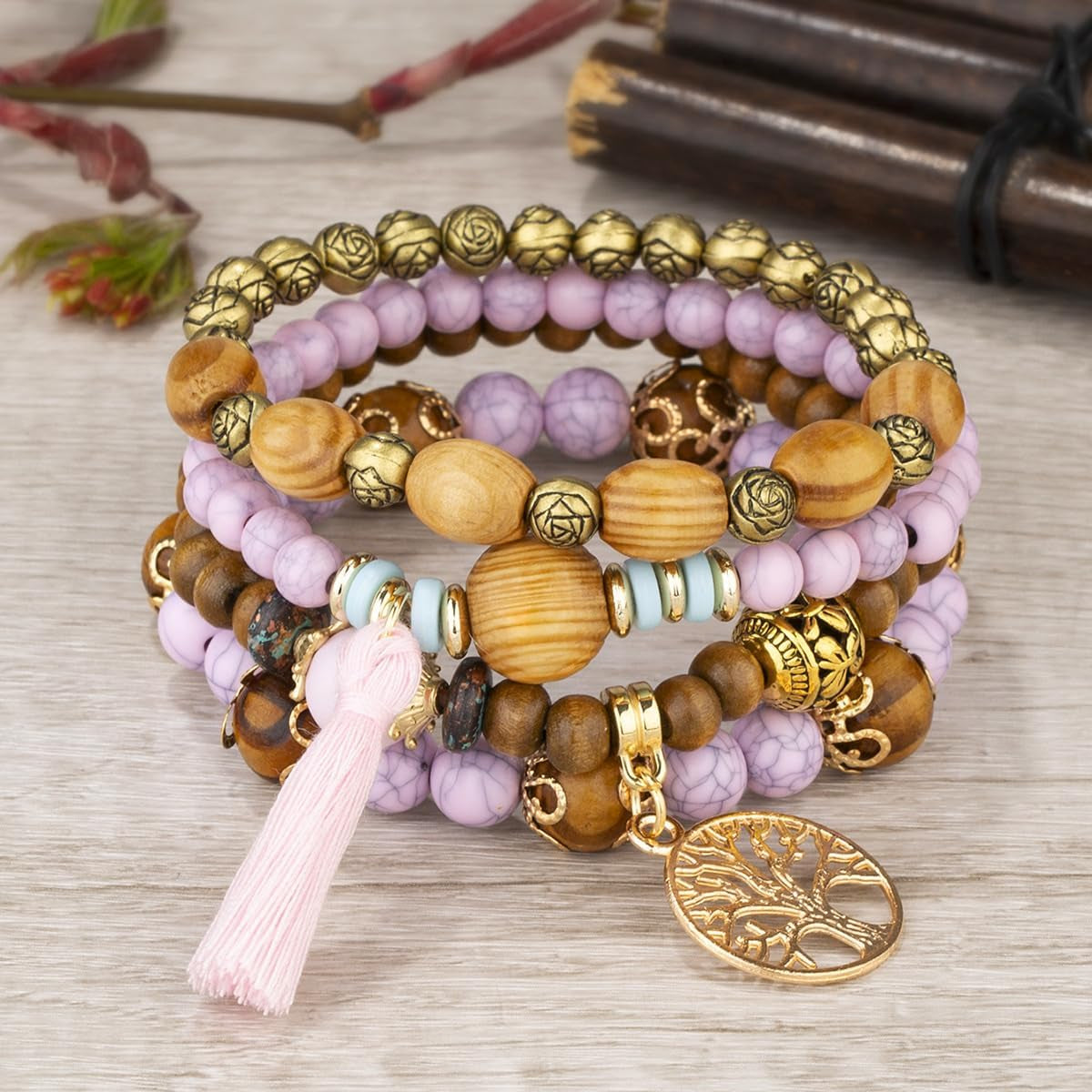 4 Sets Bohemian Stackable Bead Bracelets, Stretch Bangle Charm Jewelry 1