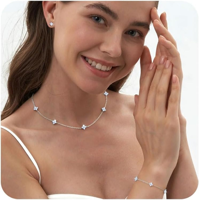 ORAZIO Dainty Silver Gold Jewelry Set for Women Trendy 14K Gold Plated CZ Flowers Pendant Choker Necklaces for Women Stud Earrings Clover Link Bracelets Stack Jewelry Gifts for Wedding Prom Brides