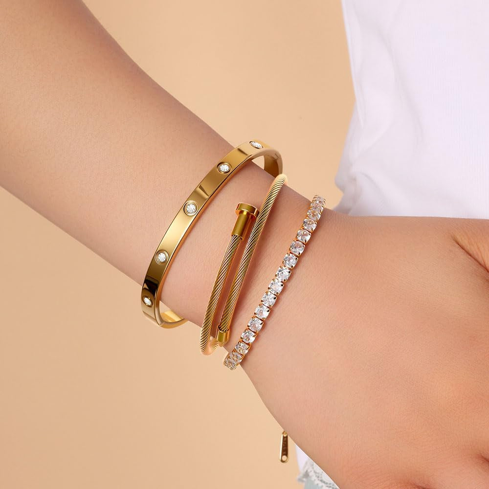Junvirtuous 3-Pack Gold Bracelets for Women,18K Gold Plated Bangle Tennis Bracelets Stack Set for Women Trendy Non Tarnish Stainless Steel Gold Bangles Accessories Designer Jewelry Pulseras Para Mujer