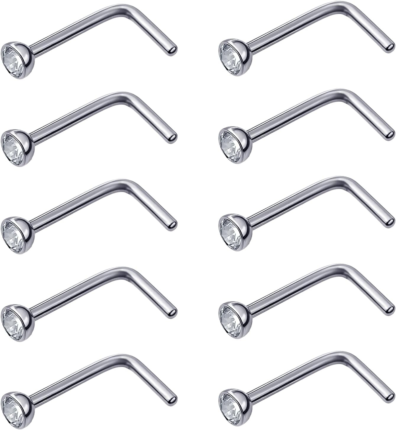 20 Pieces Curved Nose Stud Stainless Steel Nose Ring Crystals L Bend Nose Screw Piercing Jewelry, 20 Gauge