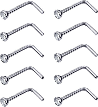 20 Pieces Curved Nose Stud Stainless Steel Nose Ring Crystals L Bend Nose Screw Piercing Jewelry, 20 Gauge