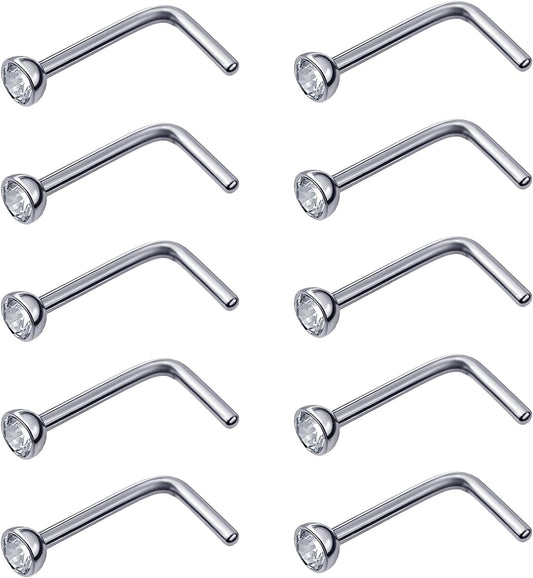 20 Pieces Curved Nose Stud Stainless Steel Nose Ring Crystals L Bend Nose Screw Piercing Jewelry, 20 Gauge