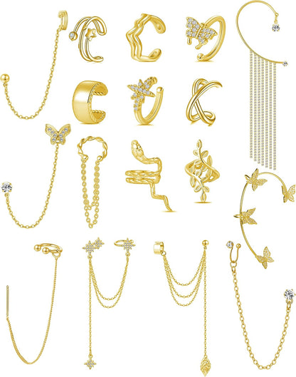 Tornito 17Pcs Ear Cuffs Chain Earrings Snake Butterfly Leaf Non Piercing Clip on Earring Fake Helix Cartilage Earrings Ear Clip Jewelry Silver Gold Tone