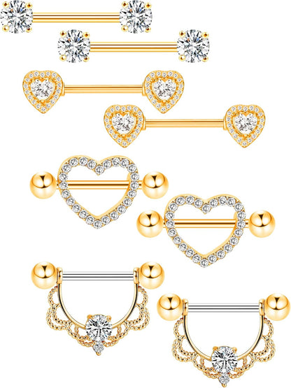 Tatuo 4 Pairs Stainless Steel Nipple Tongue Rings Piercing Body Jewelry Barbell CZ Heart Shape Rings for Women Girls(Gold Bar and White Zirconia)