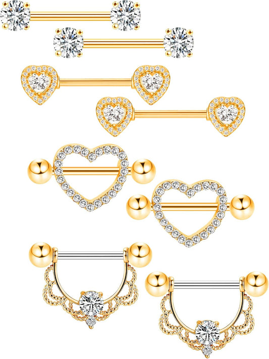 Tatuo 4 Pairs Stainless Steel Nipple Tongue Rings Piercing Body Jewelry Barbell CZ Heart Shape Rings for Women Girls(Gold Bar and White Zirconia)