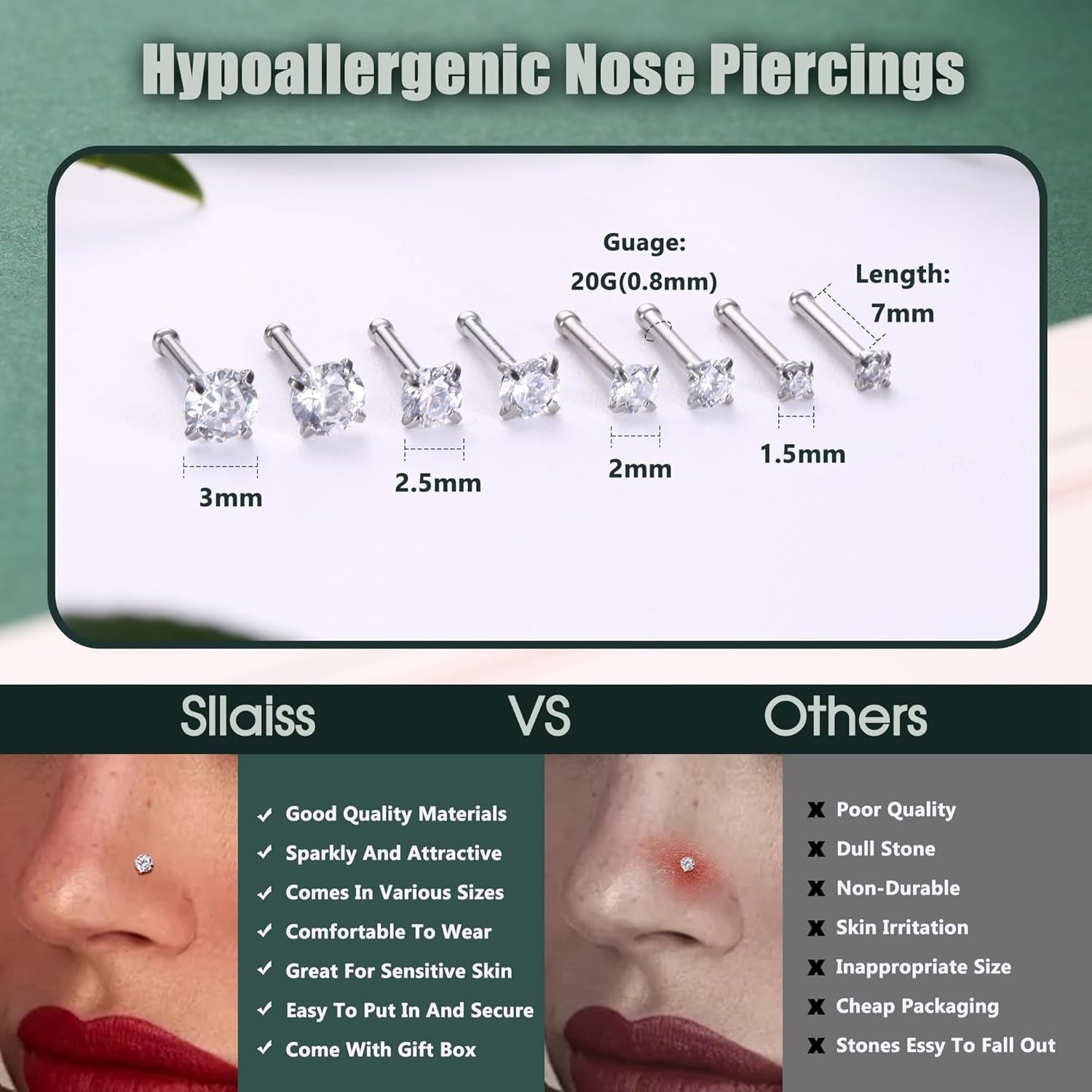 Sllaiss 8 Pcs 20G Nose Ring Studs Made with Austrian Crystal for Women Stainless Steel 1.5Mm 2Mm 2.5Mm 3Mm Nose Piercings Set Body Jewelry Hypoallergenic