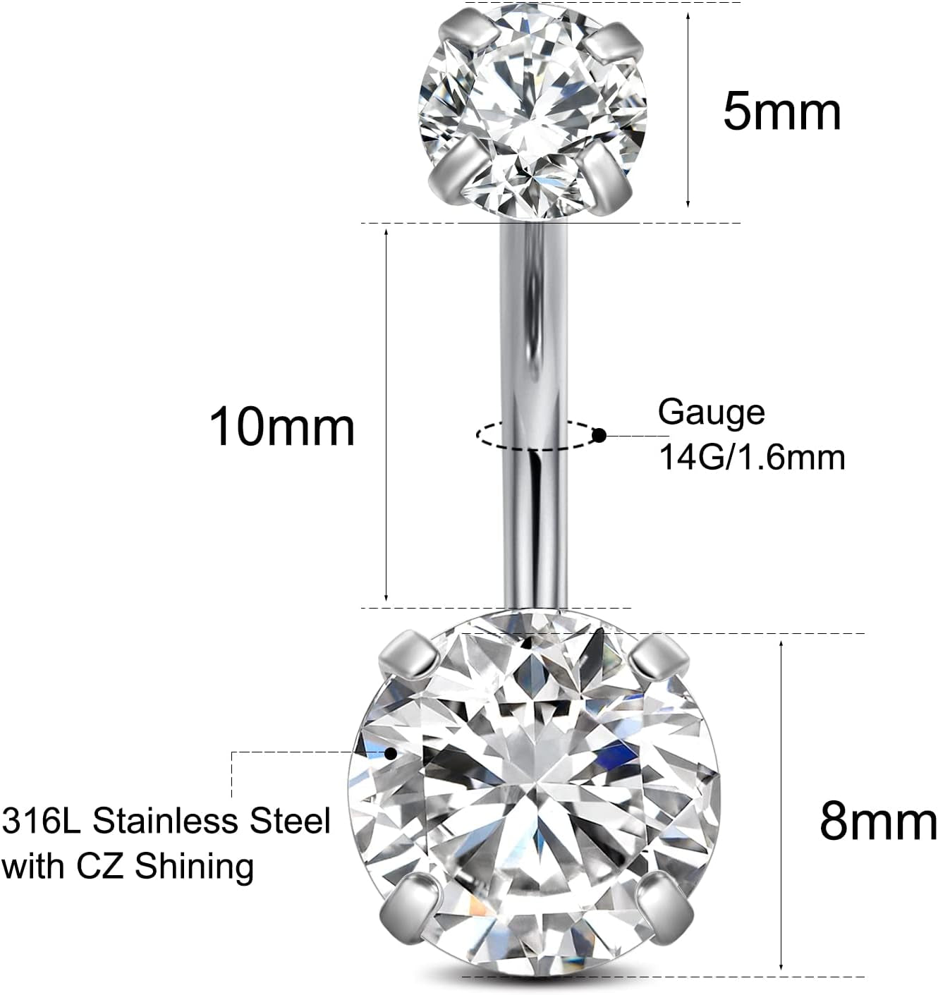 DJCIW Belly Button Piercing Kit,14G Sparkling Cubic Zirconia Dangle Ring with 12G Piercing Needles and Clamp,10Mm 12Mm Surgical Steel Implant Grade Jewelry for Safe Body Piercing Starter Kit