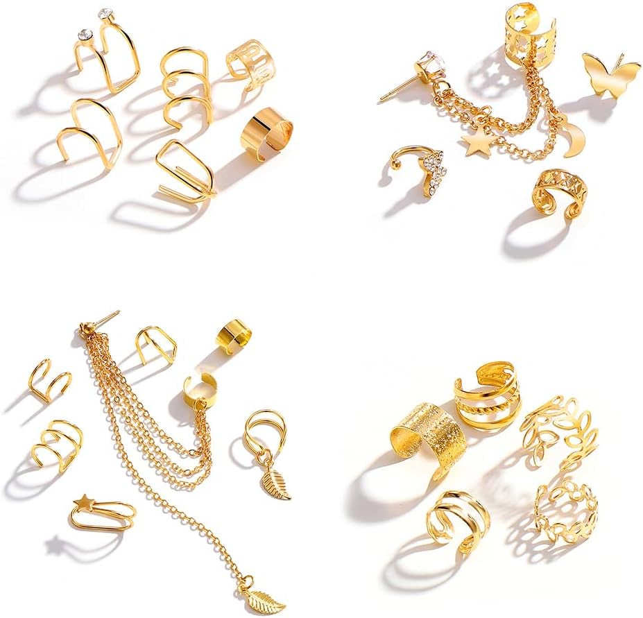 22Pcs Golden Ear Cuffs Earrings for Women Non Piercing Lightweight, Adjustable Hypoallergenic Fake Clip on Cartilage Butterfly Chain Twist Helix Leaf Wrap Earrings Set, Trendy Jewelry