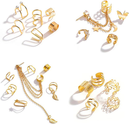 22Pcs Golden Ear Cuffs Earrings for Women Non Piercing Lightweight, Adjustable Hypoallergenic Fake Clip on Cartilage Butterfly Chain Twist Helix Leaf Wrap Earrings Set, Trendy Jewelry