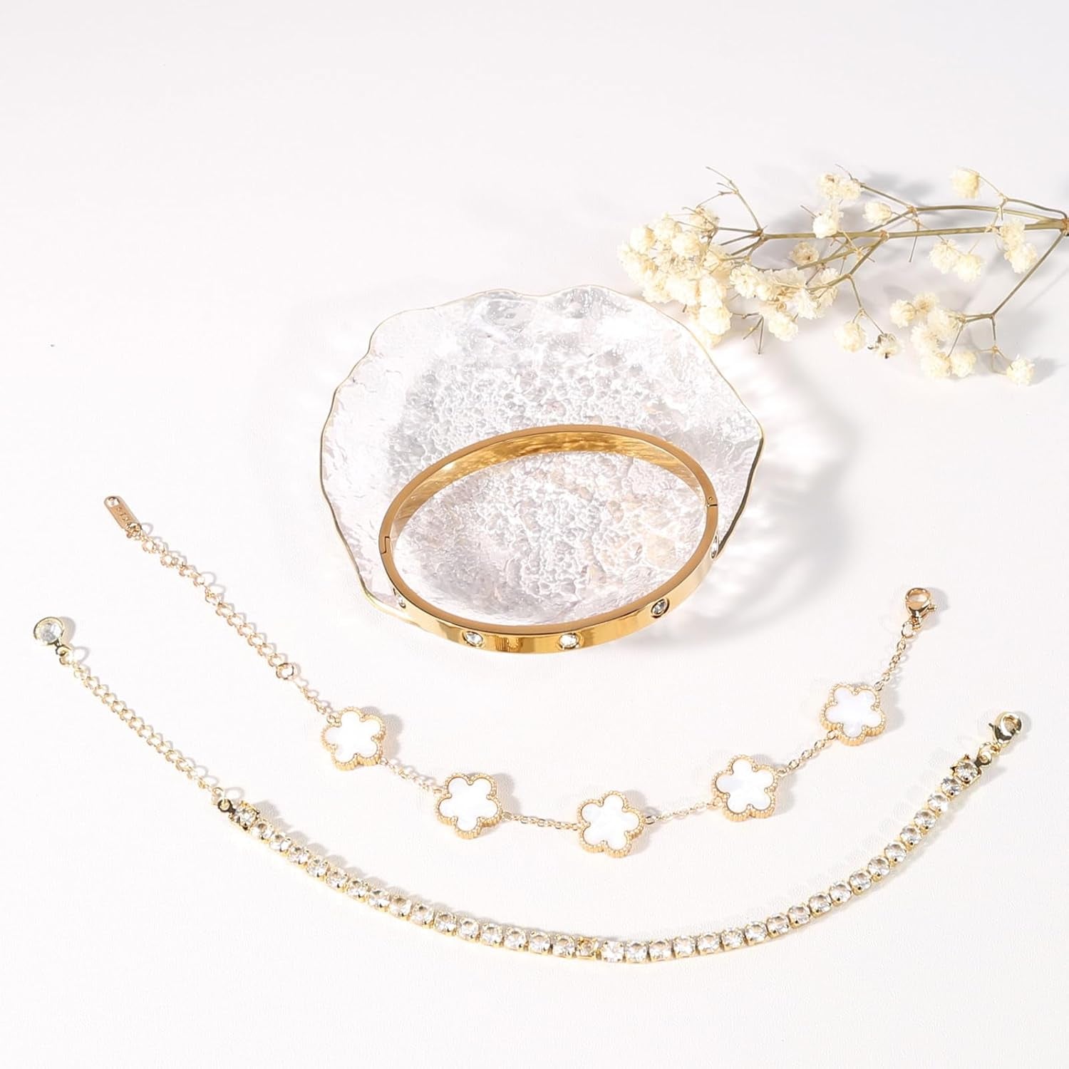 YOUNGGRACE Womens Stackable Floral Gold Bracelets 3Pcs