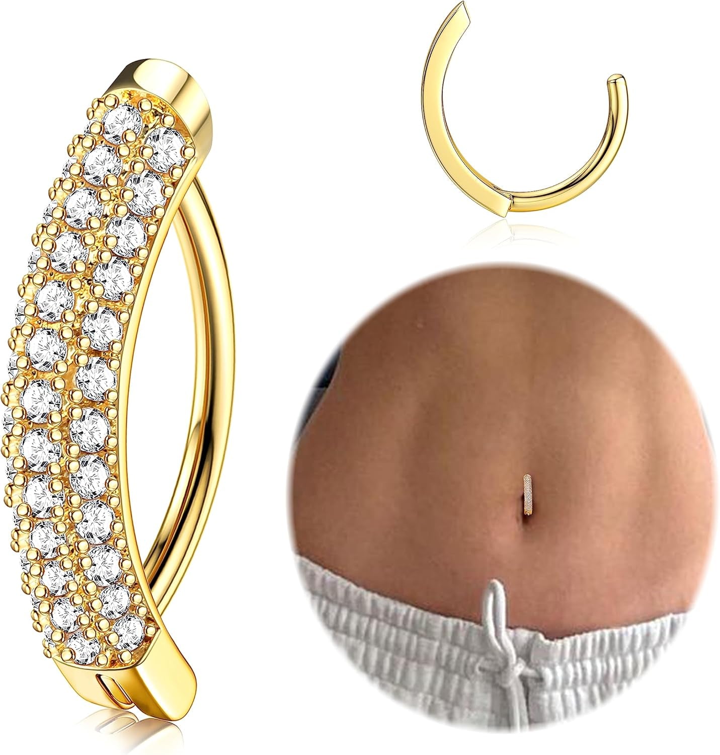 FIBO STEEL 14K Gold Plated Belly Button Rings for Women 316L Surgical Steel Clicker Belly Rings CZ Snake Flower Curved Reverse Navel Rings Belly Piercing Jewelry Barbell 14G