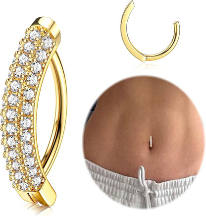FIBO STEEL 14K Gold Plated Belly Button Rings for Women 316L Surgical Steel Clicker Belly Rings CZ Snake Flower Curved Reverse Navel Rings Belly Piercing Jewelry Barbell 14G