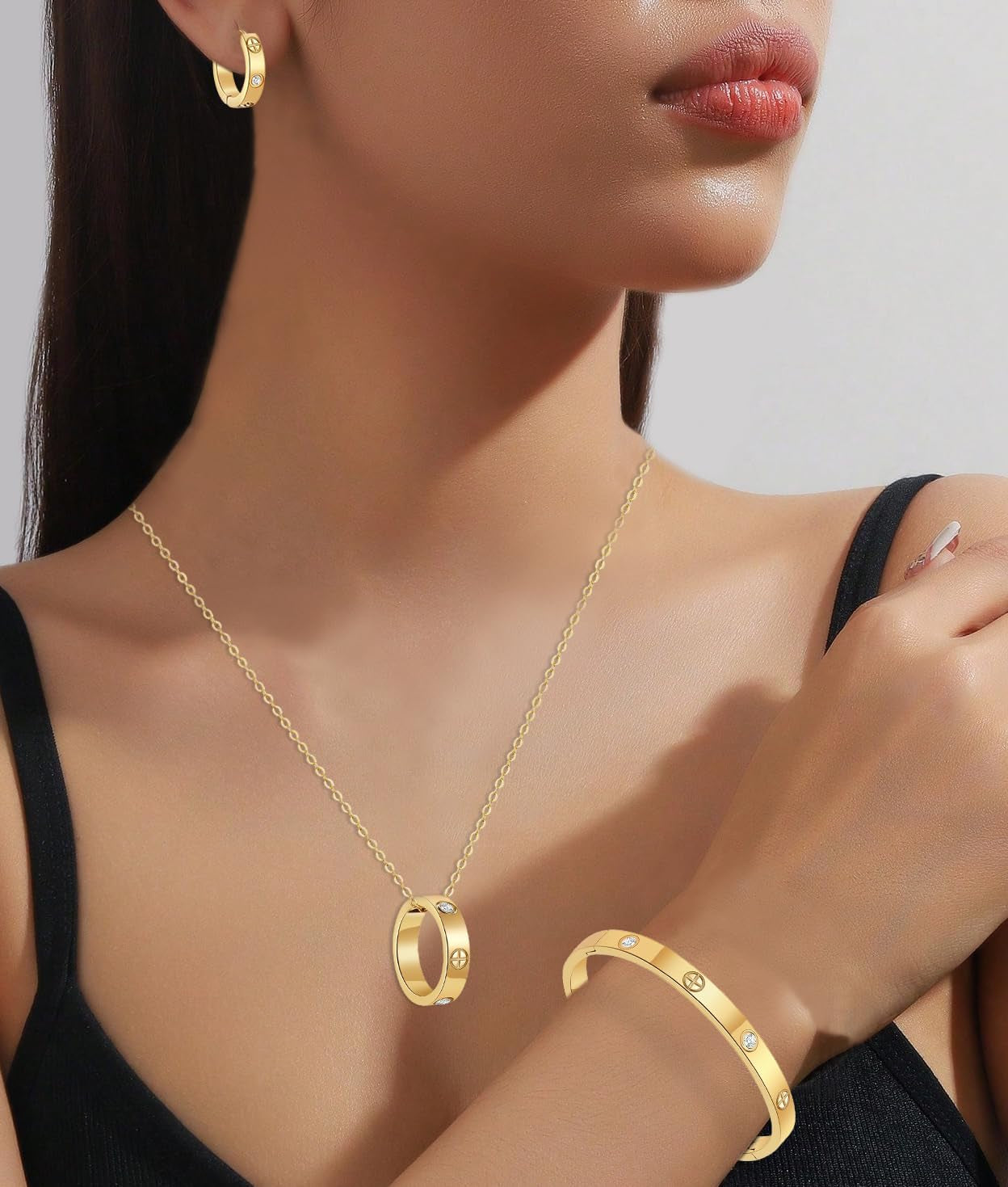 Love Bracelet Earring Necklace Set for Women 18K Gold Plated Trendy Stainless Steel Luxury Love Hoop Earring Bangle Pendant Jewelry Set