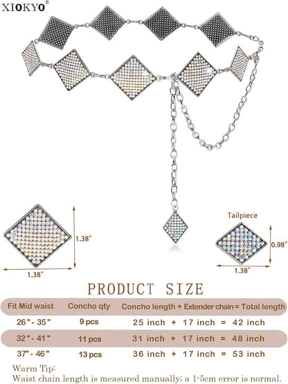 Bling Rhinestone Concho Belt for Women Dazzled Chain Belt Silver Rhombus Western Sparkly Crystal Belt for Dress