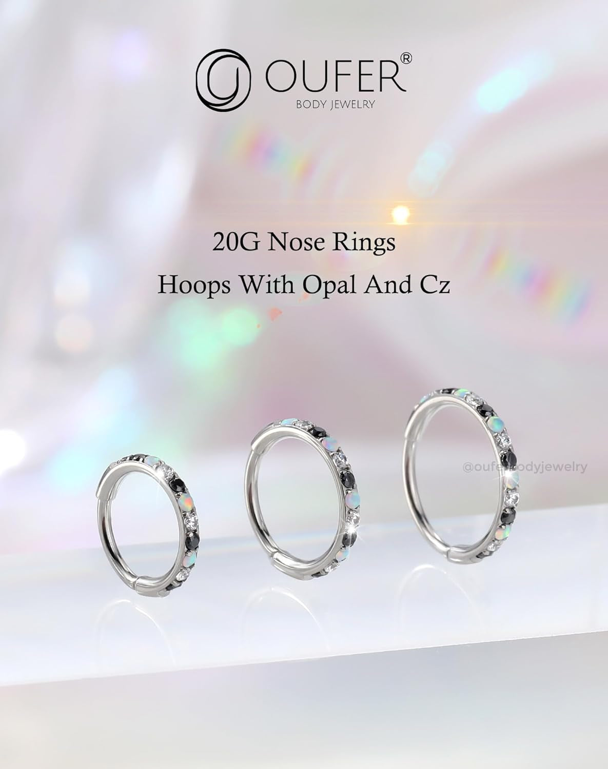 OUFER Opal and CZ 20G Nose Rings Hoops, 316L Surgical Steel Hinged Segment Nose Piercing Jewelry, Septum Lip Eyebrow Rings Cartilage Conch Rook Helix Tragus Daith Earrings for Women and Men-6/7/8Mm