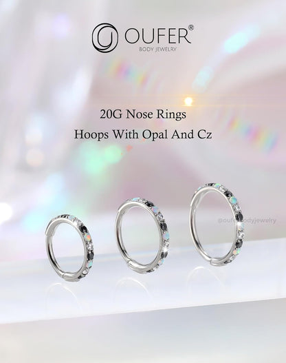 OUFER Opal and CZ 20G Nose Rings Hoops, 316L Surgical Steel Hinged Segment Nose Piercing Jewelry, Septum Lip Eyebrow Rings Cartilage Conch Rook Helix Tragus Daith Earrings for Women and Men-6/7/8Mm