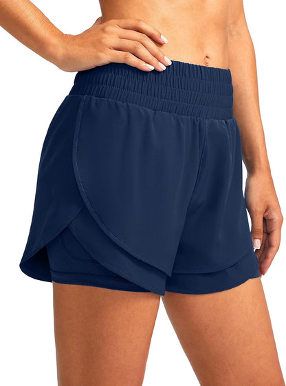 Soothfeel Women'S 2 in 1 Running Shorts High Waisted Athletic Shorts Exercise Gym Workout Shorts for Women with Pockets