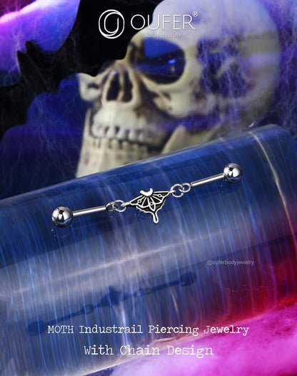 OUFER Moth Industrial Piercing Jewelry, Chain Industrial Bar, 316L Surgical Steel 14G Industrial Earrings for Women Men, Hallween Industrial Jewelry