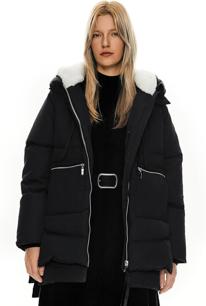 Orolay women's black thickened down jacket with fleece-lined hood