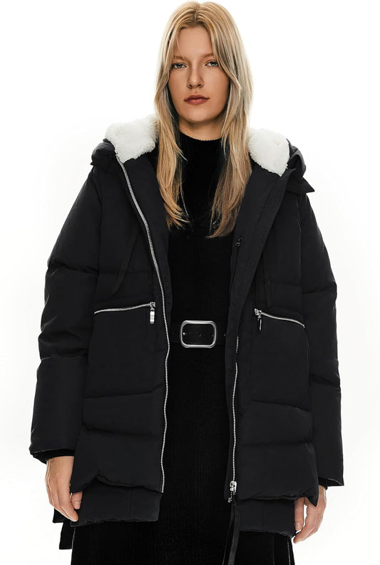 Orolay women's black thickened down jacket with fleece-lined hood