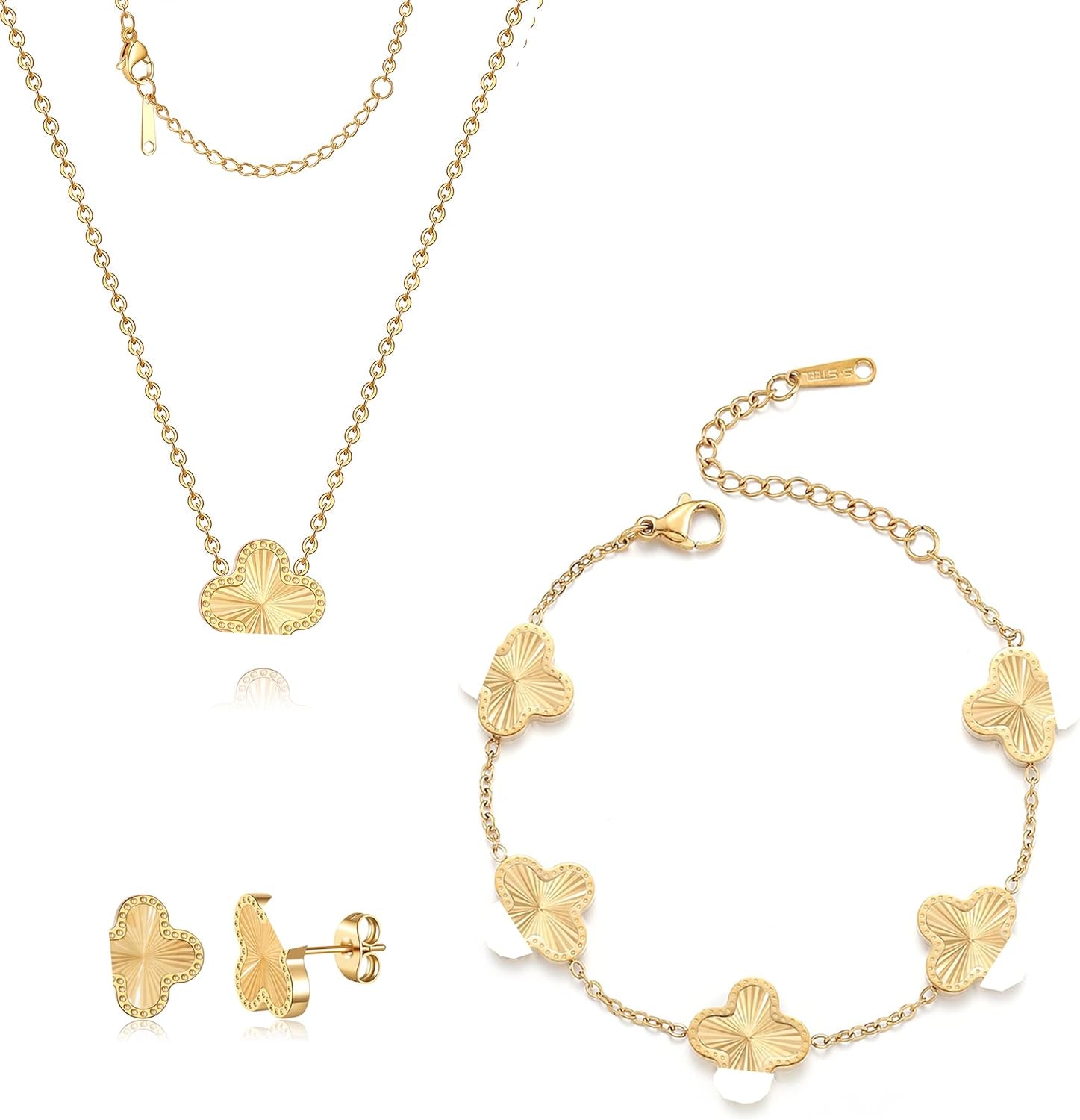 Lucky Clover Sets, 18K Gold Plated Four Leaf Bracelet, Necklace Pendant, Earrings for Women Flower Link Bracelets Set Jewelry Gifts for Women