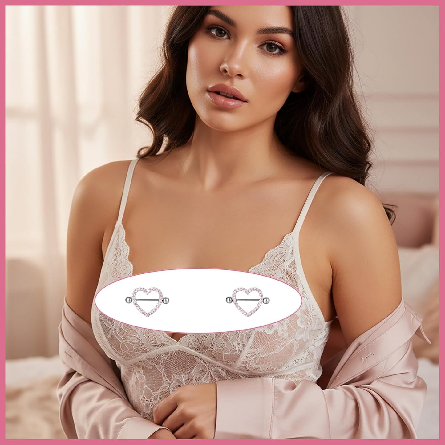 Pink Crystal Surgical Steel Nipple Rings Piercing Jewelry for Women Men, Heart/Bow/Sparkling Diamond Nipple Nail Barbell Piercing Accessory, Body Piercing Accessory Jewelry Gift ﻿