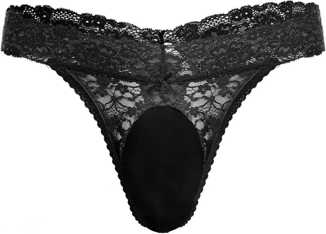 Men's lace thong underwear packaging with size chart included